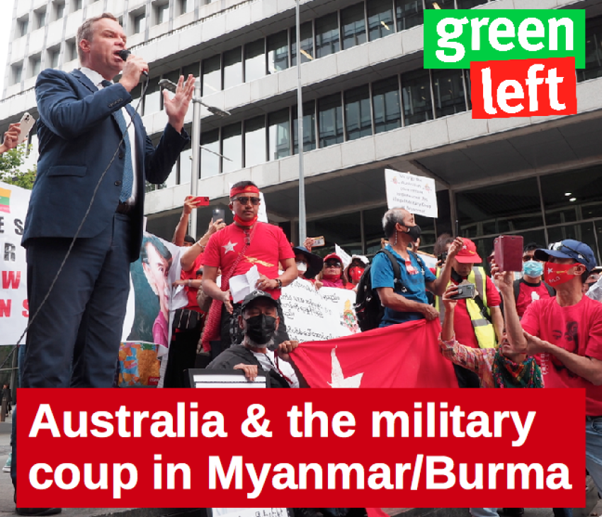 NSW Greens MLC Jamie Parker speaks at a rally for democracy in Myanmar, in Sydney.