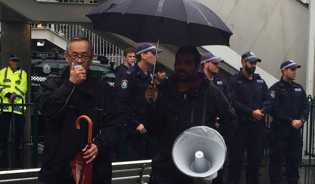 Peter Boyle, Socialist Alliance candiate for the seat of Sydney speaks at anti-racism rally in Blacktown, June 4 2016.