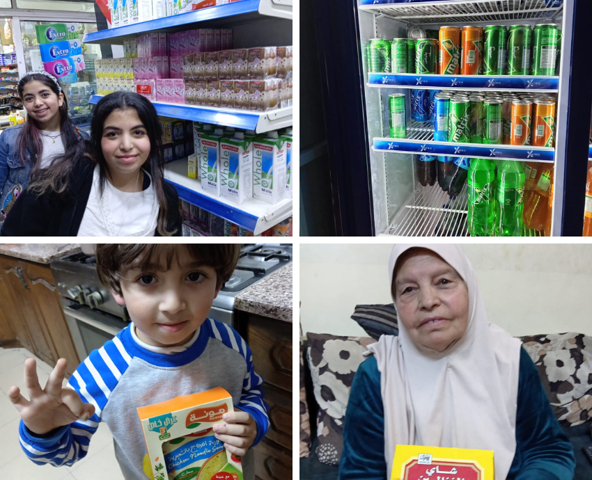 Children holding sweets and drinks, woman holding box of tea