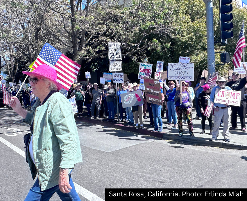 Protesters with flags and signs
