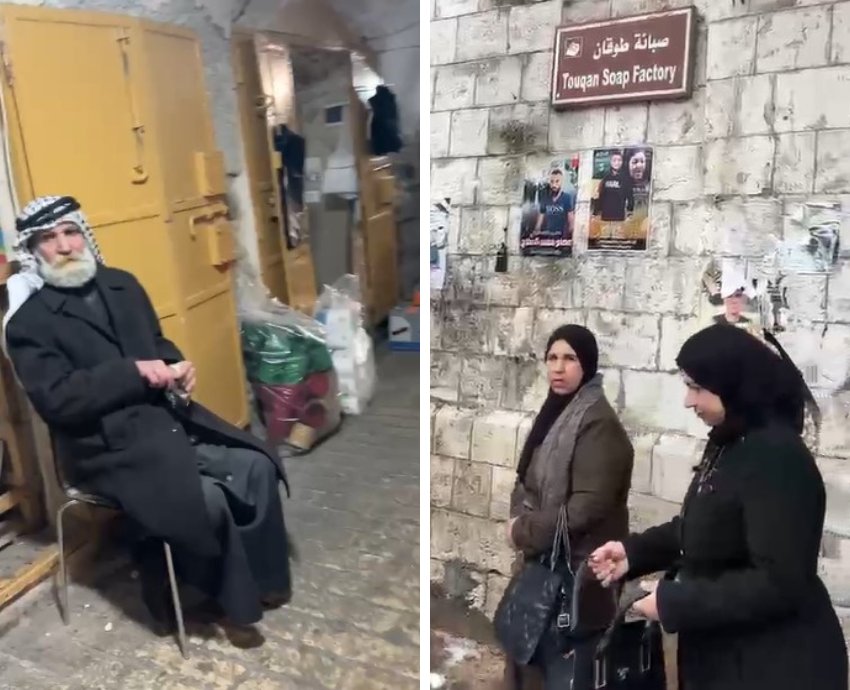 alleyway with an elderly man sitting and two women walk past a wall