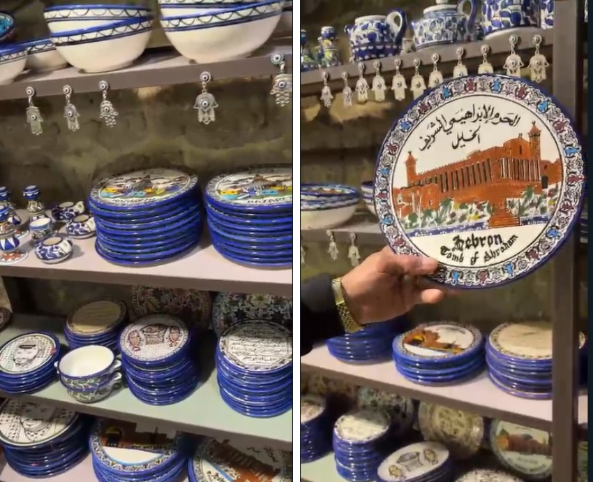 ceramics and glassware on a shelf in a shop