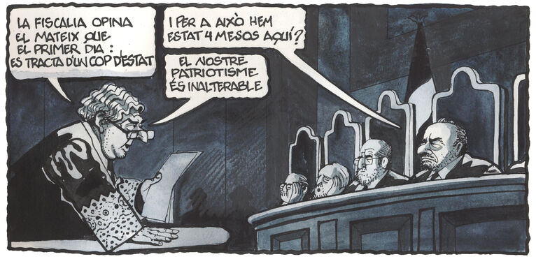 Zaragoza (chief prosecutor): 'The prosecution believes what it said on the first day--it was a coup d'etat' Chief judge Marchena: 'And we've been here for four months for that?' Zaragoza: 'Our patriotism is unalterable.' Zaragoza (chief prosecutor): 'The prosecution believes what it said on the first day--it was a coup d'etat' Chief judge Marchena: 'And we've been here for four months for that?' Zaragoza: 'Our patriotism is unalterable.'