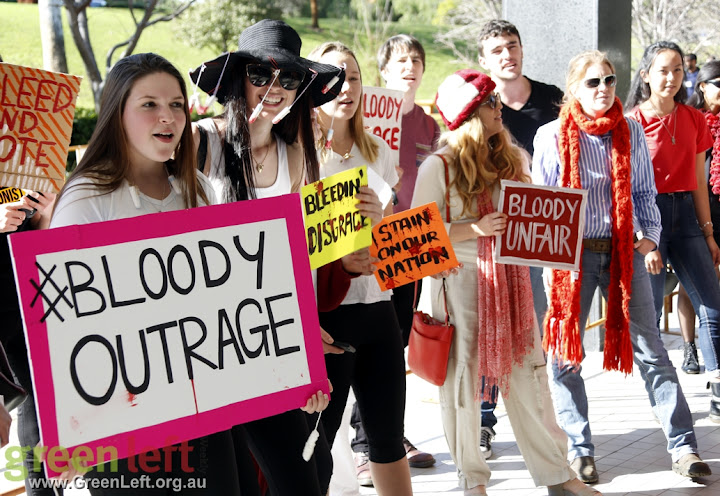 Bloody outrage, Axe the Tax on Tampons rally August 14, 2015.