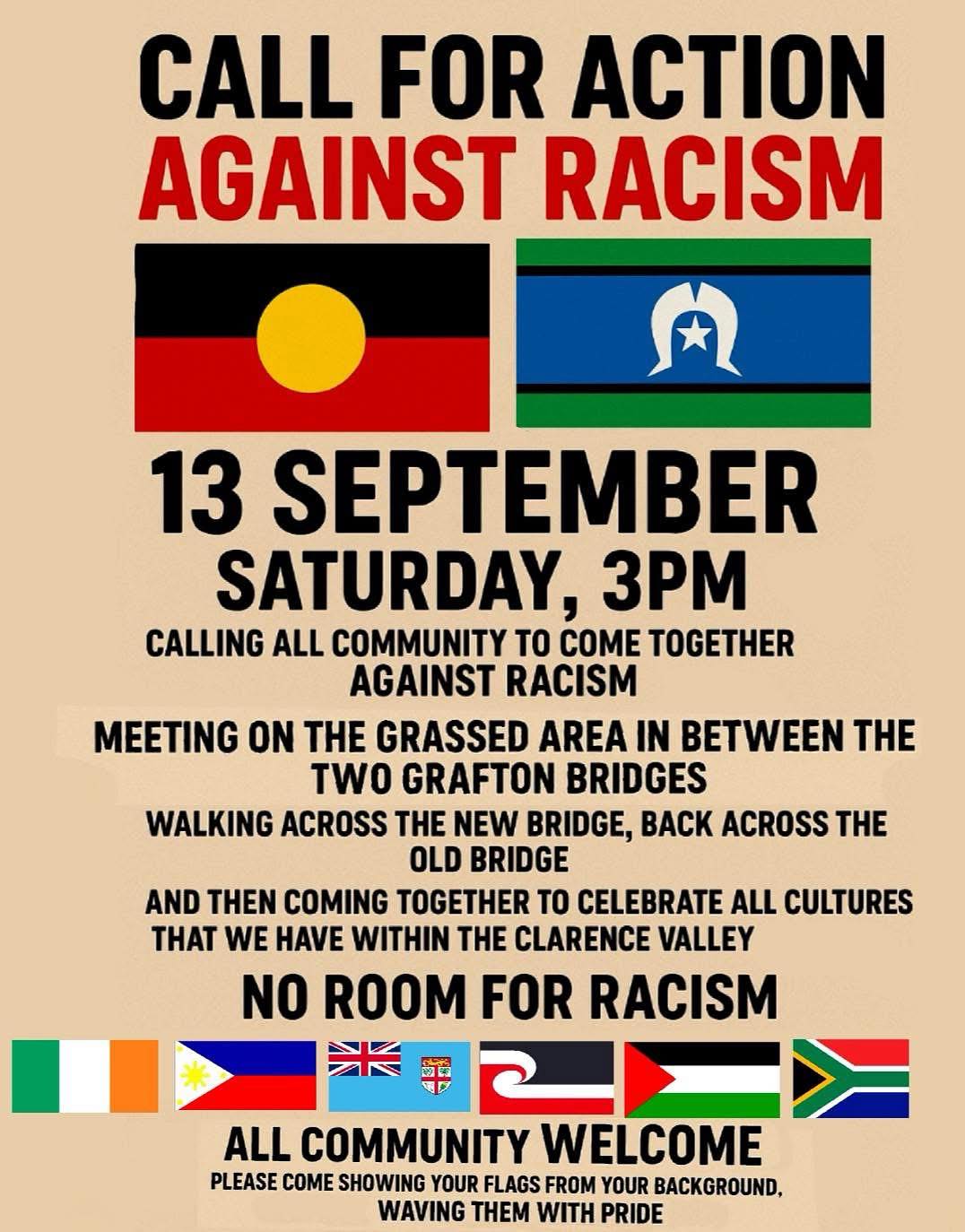 Graphic: Call For Action Against Racism Graton 13/09/2025