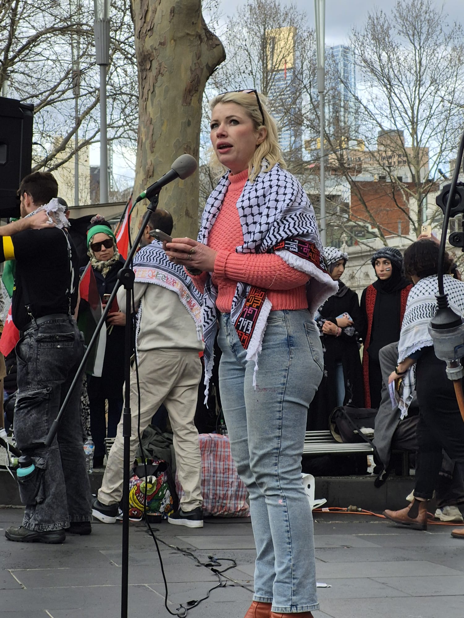 Clementine Ford speaking at the Naarm/Melbourne rally, August 17
