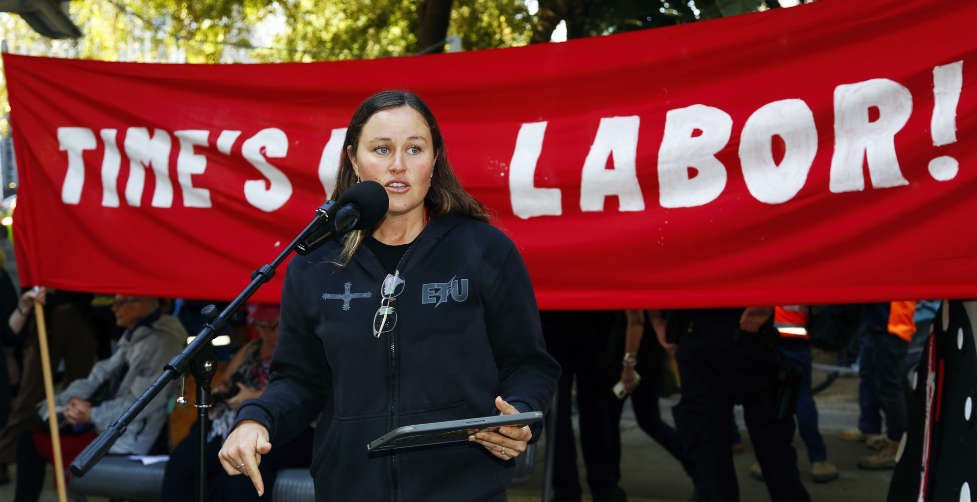 Electrical Trades Union speaker at the climate rally