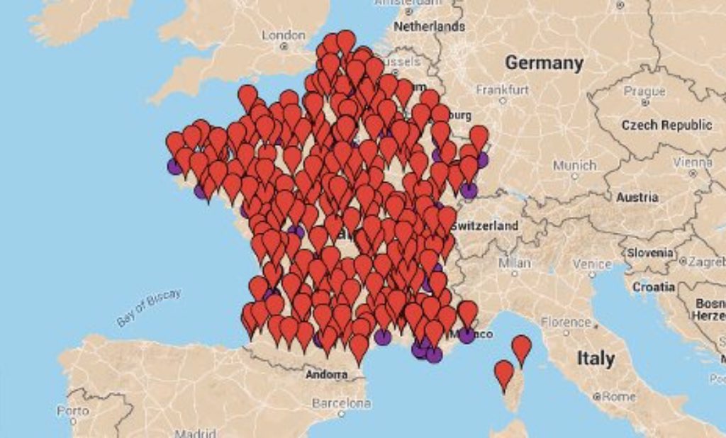 A map of over 260 marches planned for the French general strike.