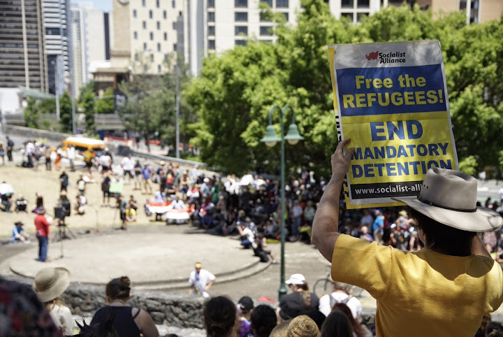 Free the Refugees placard, G20 economic forum protest, Brisbane 2014.