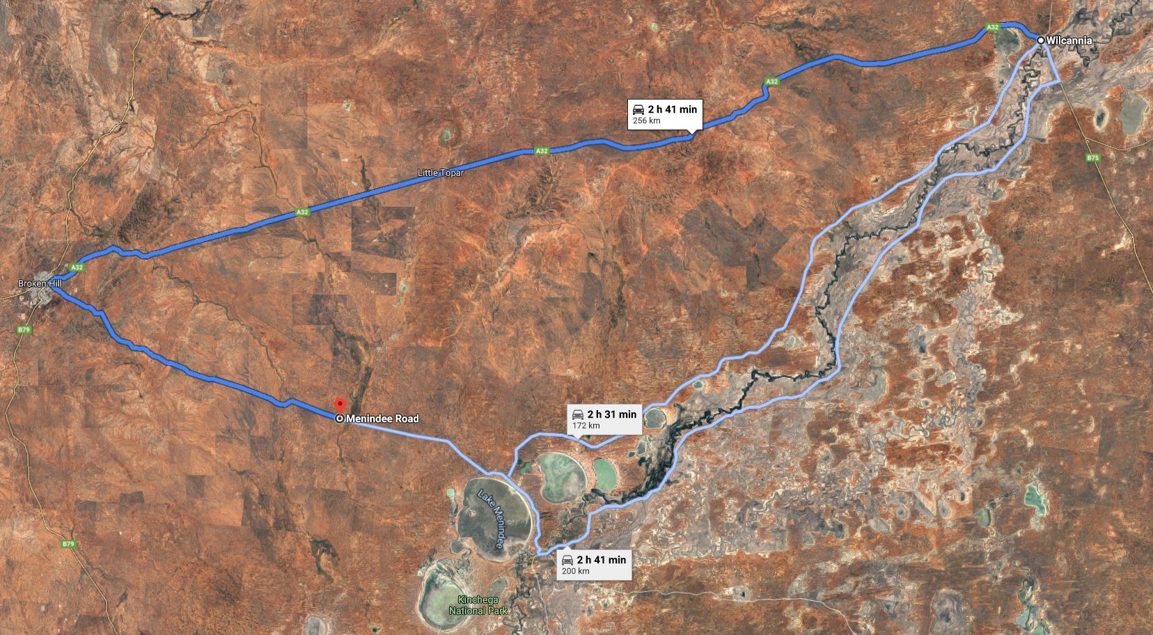 Wilcannia to Broken Hill to Lake Menindee Satellite Image