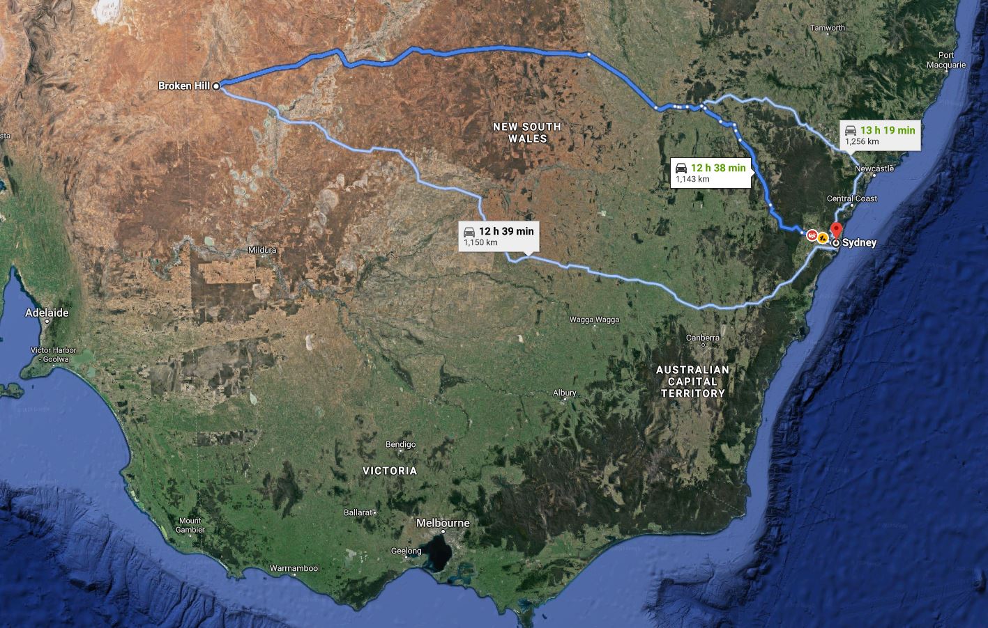 Menindee to Sydney Map