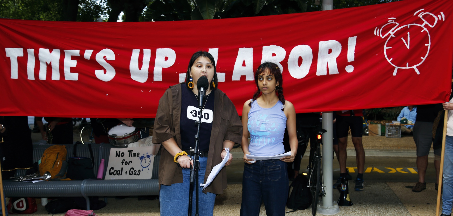 Rally MCs say: "Time's up Labor"