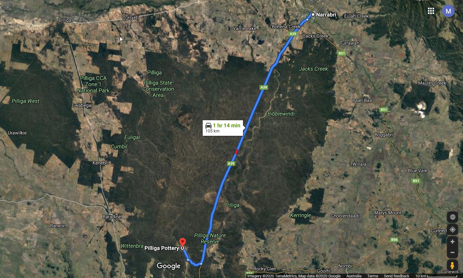 Narrabri to Pilliga Pottery map