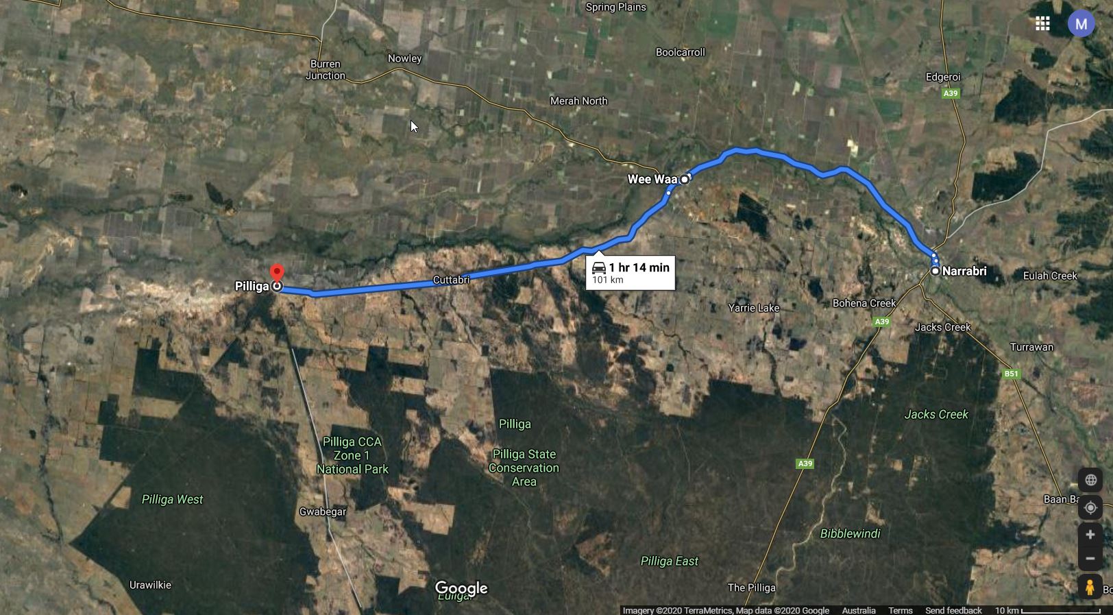 Narrabri to Pilliga via Wee Waa map