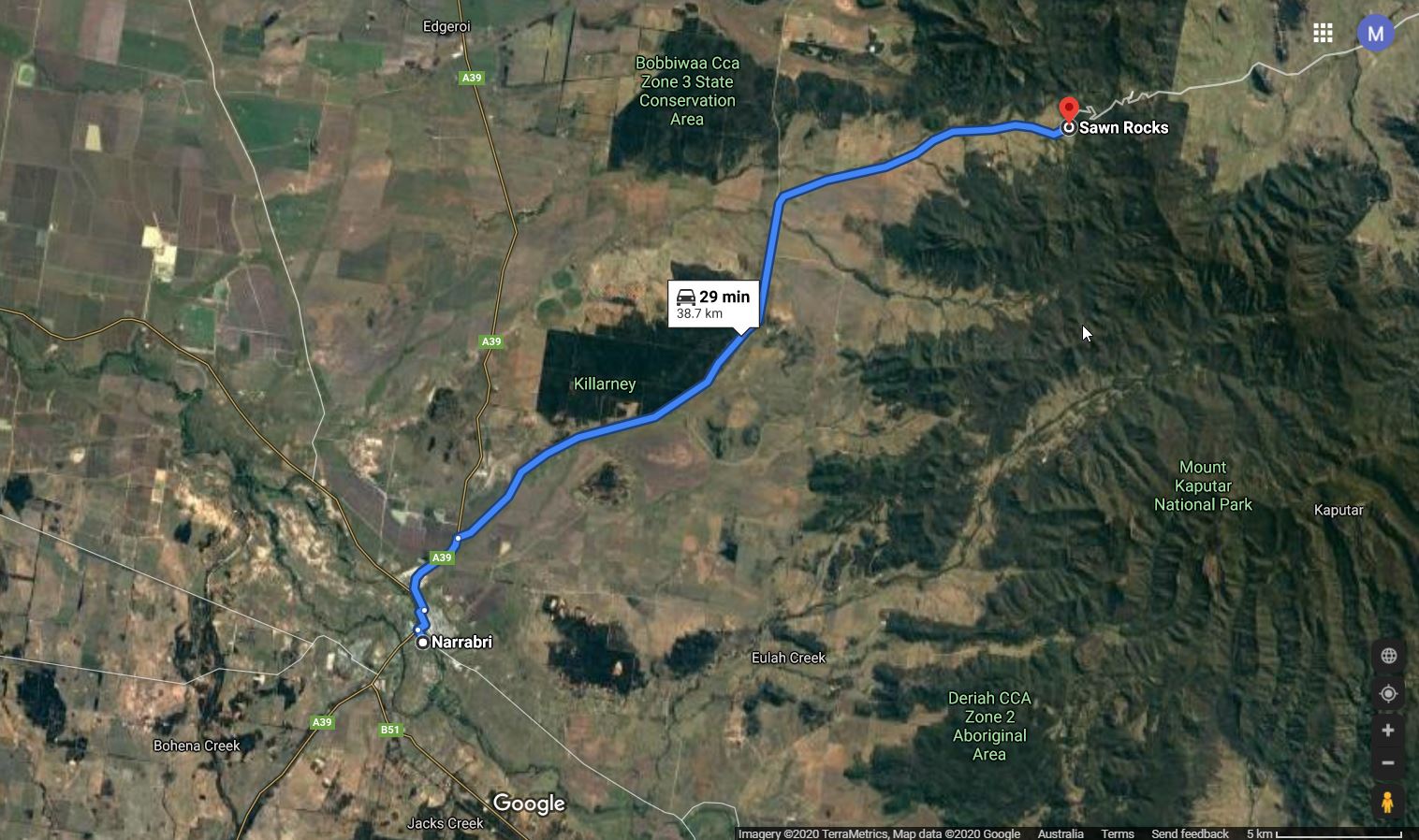 narrabri to sawn rocks map