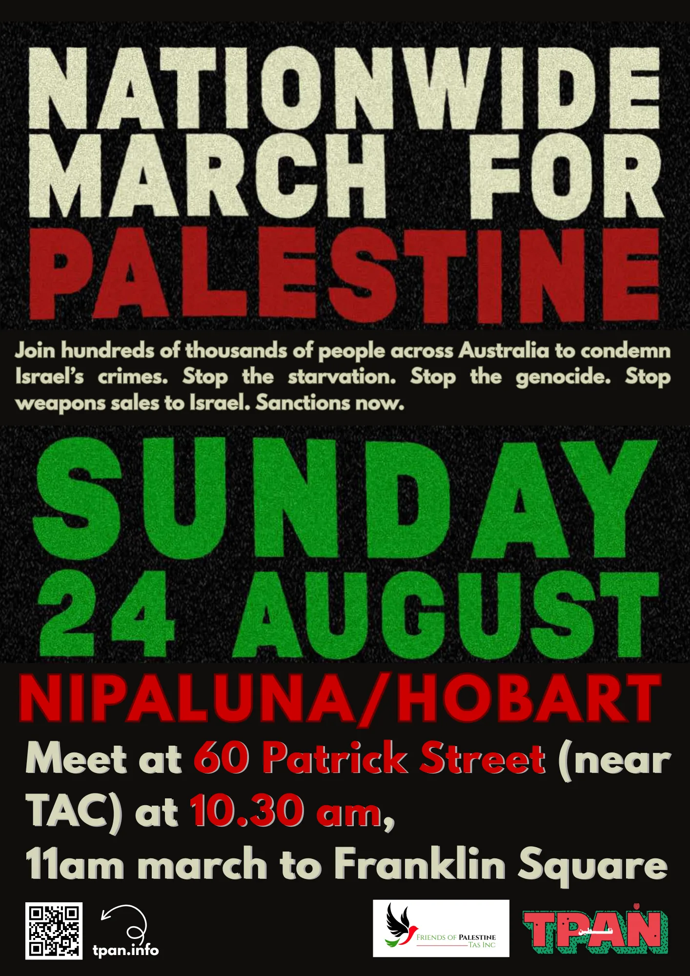 Leaflet: Nationwide March For Palestine nipaluna/Hobart 24082025