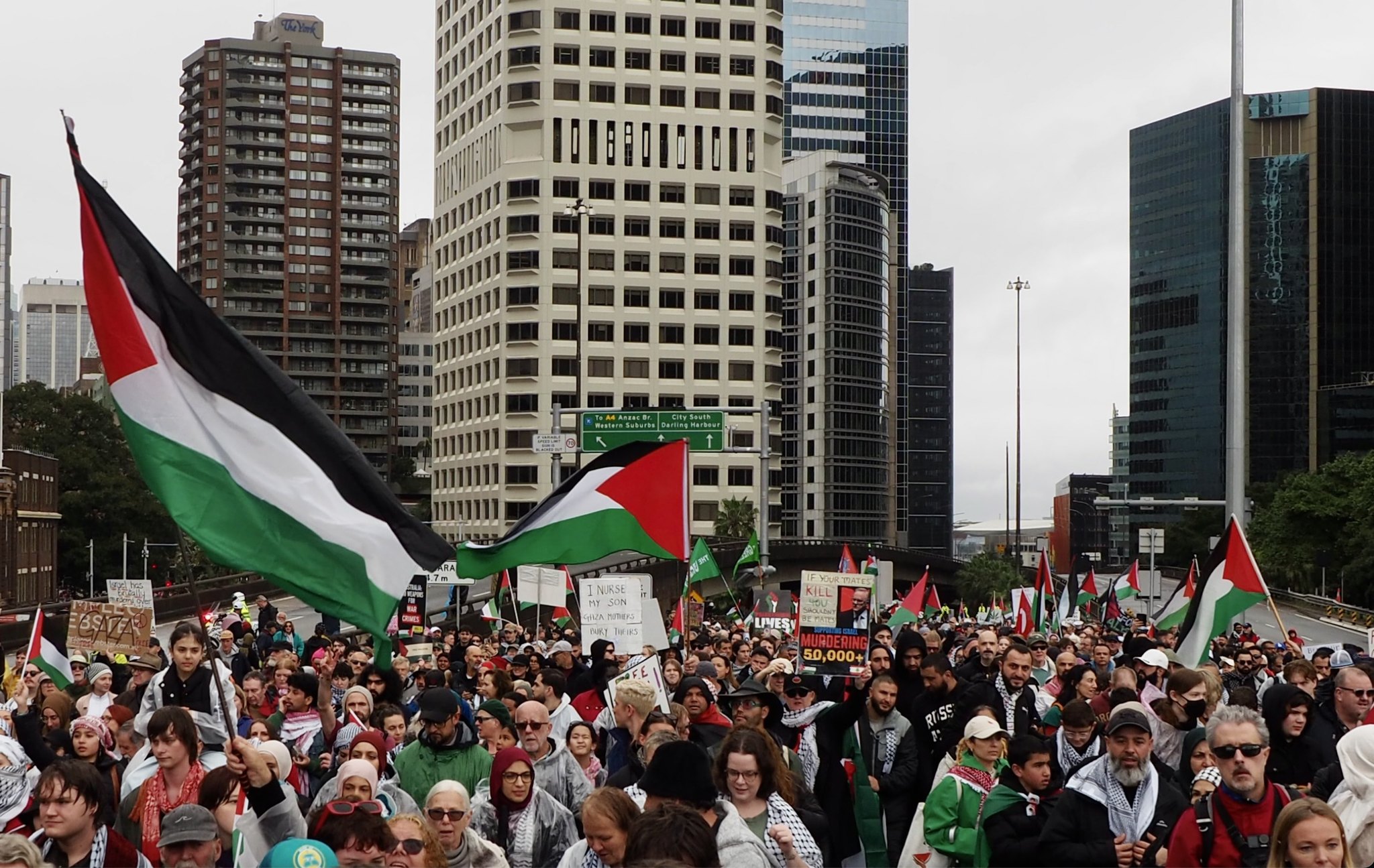 Waving Palestinian flags, Gadigal Country/Sydney, August 3