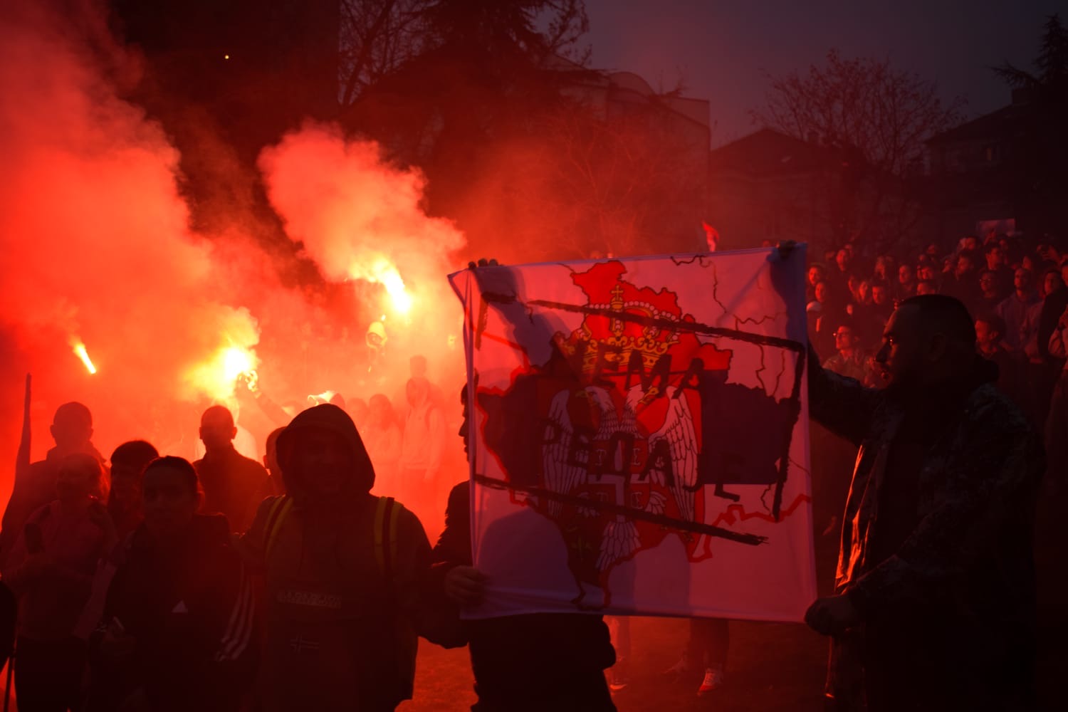 Protesters with signs and flares at night