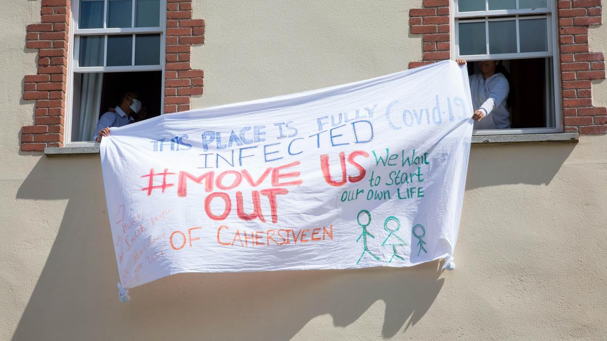 Protest by Asylum-seekers against detention in infected 'direct provision' centre, Camersiveen, County Kerry (Credit: Alan Chalmers) 