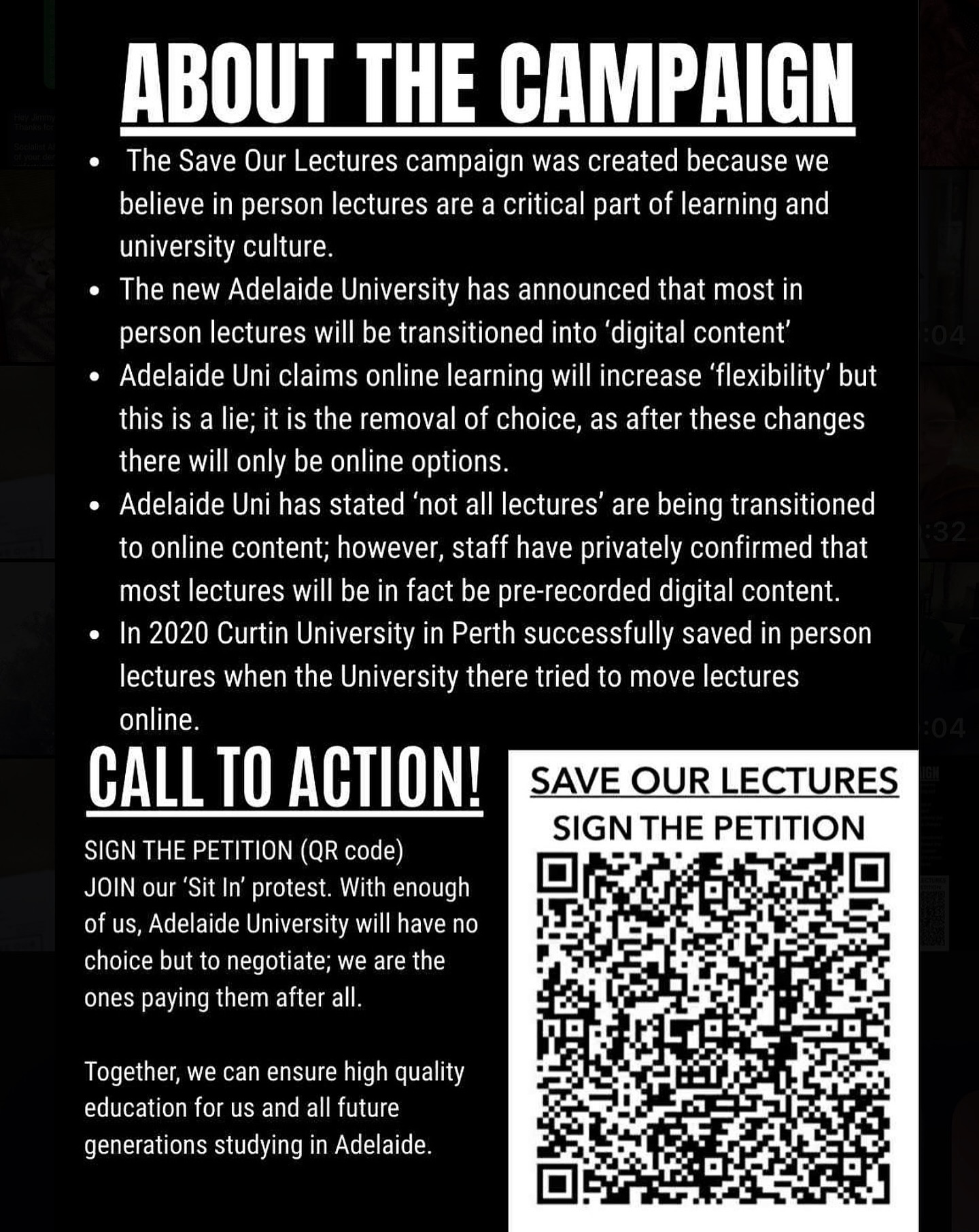 Poster: Save Our Lectures About Campaign 25082025 Adelaide University