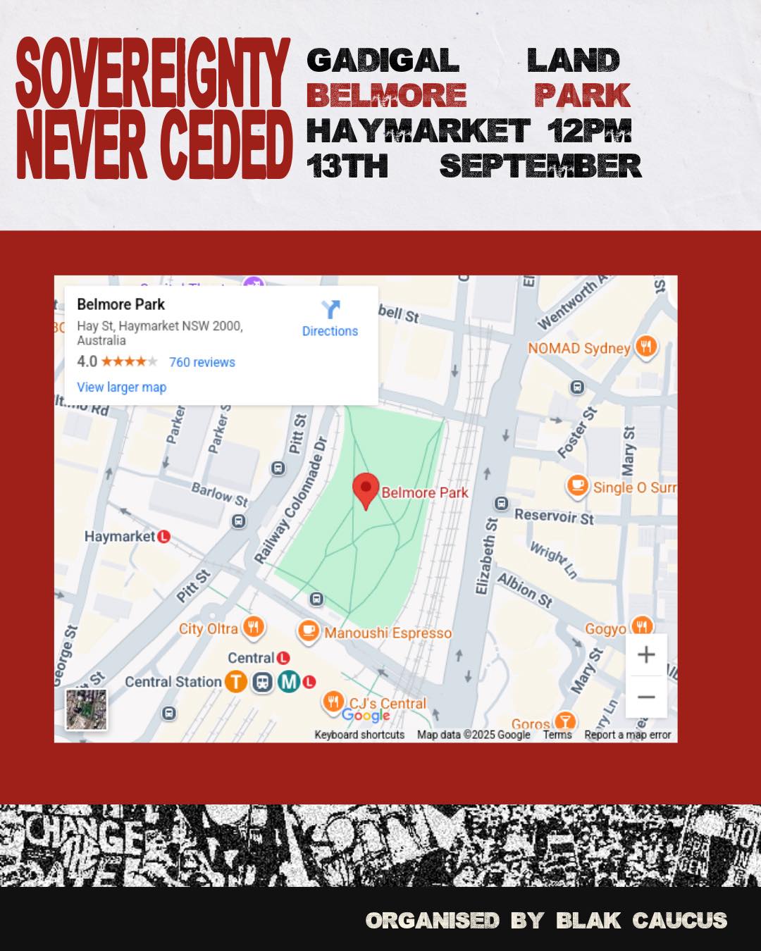 Graphic: Sovereignty Never Ceded National Day of Action 13/09/2025 Belmore Park Map