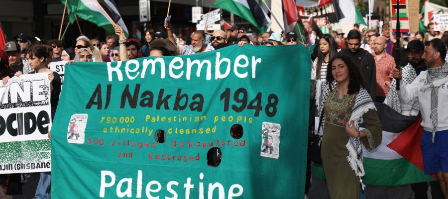 remember al nakba 1948 lead banner at brisbane nakba day rally 