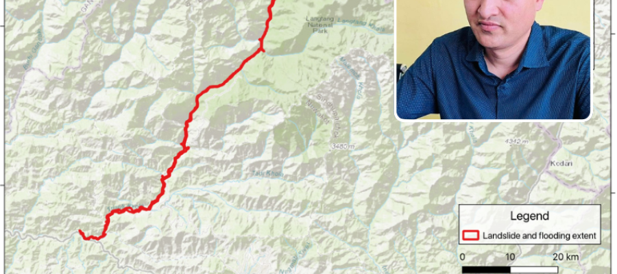 map, inset photo of interviewee