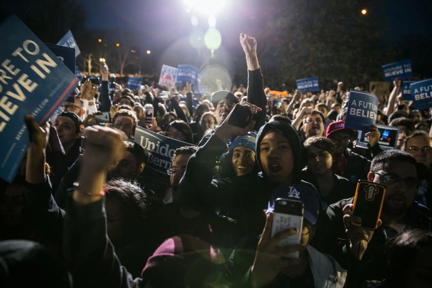 Supporters at a Bernie Sanders rally in St Mary's Park in the Bronx on April 14.