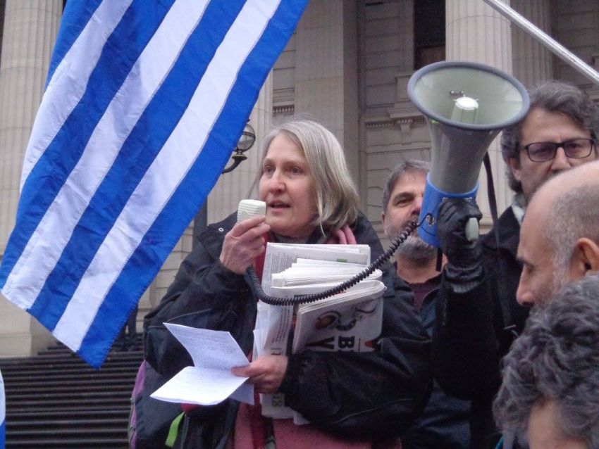 Sue bolton speaks at the "Let Greece Breathe" rally, Melbourne Juy 4 2015.