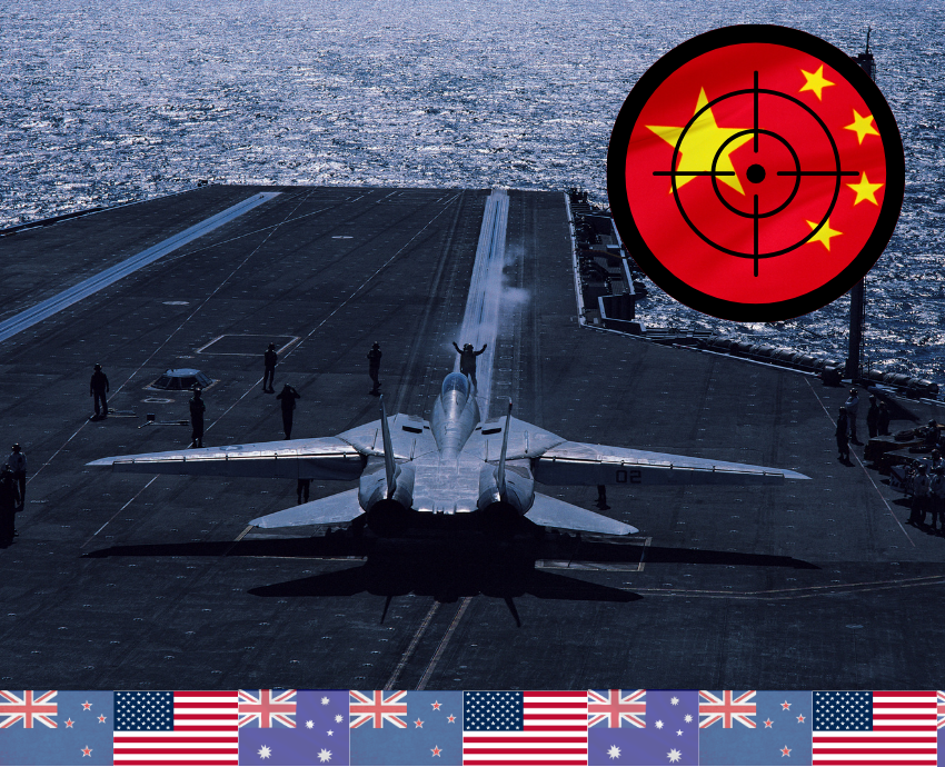 warship with flags of Aus USA NZ and China in the crosshairs