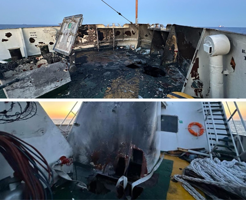 2 photos of damage to ship
