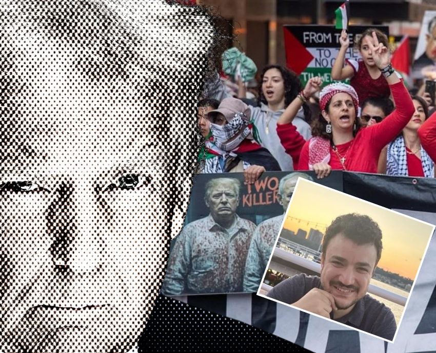 Donald Trump and photo of Mahmoud Khalil and pro-Palestine protest
