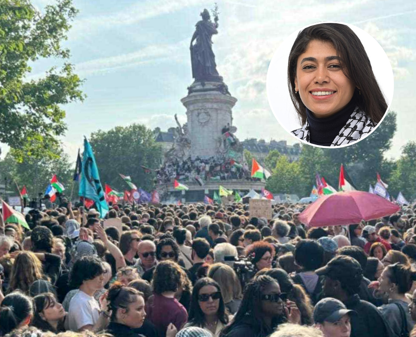 Protesters with flags and Rima Hassan MEP