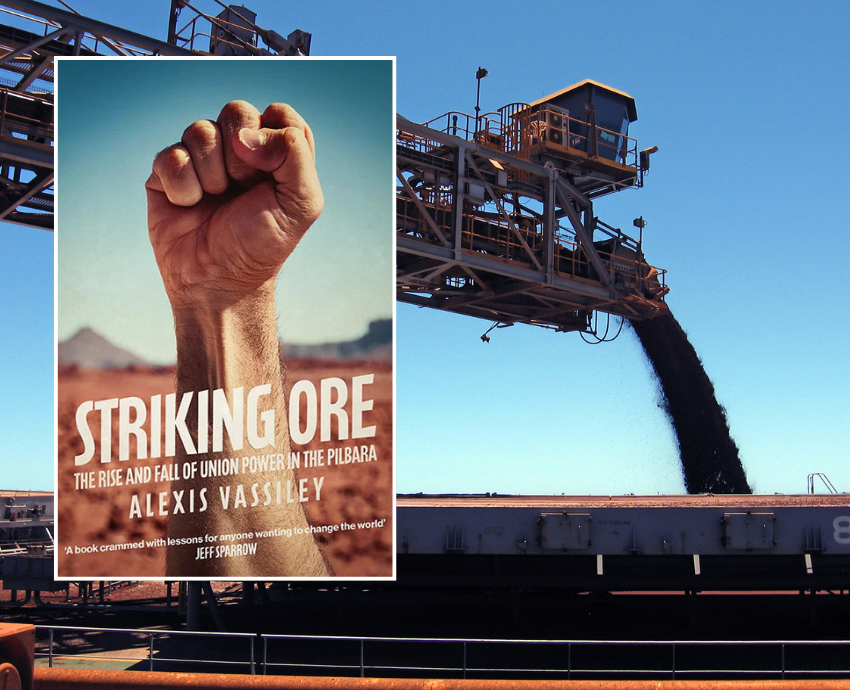Iron ore being loaded onto a ship and book cover