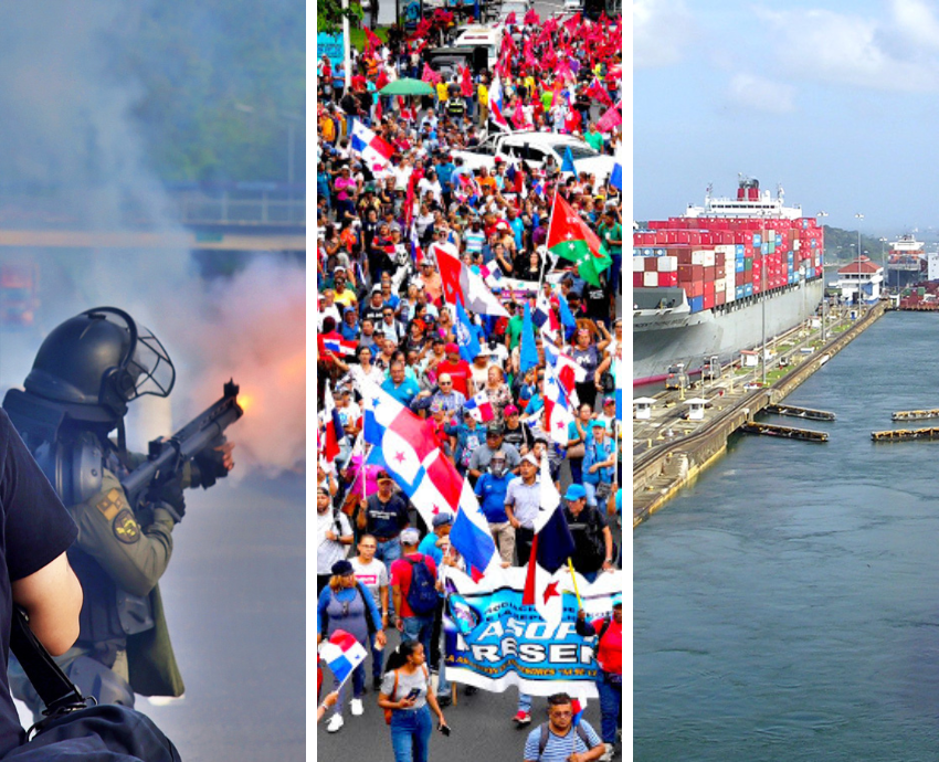 Triptych of riot police, protest and panama canal
