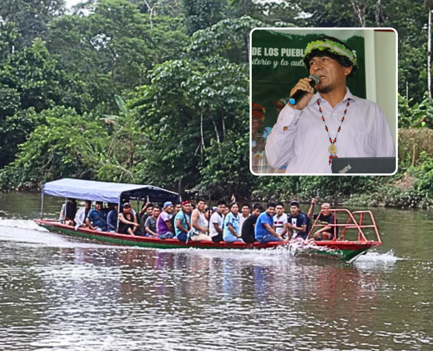 Indigenous people on a boat and Galois Flores Pizango