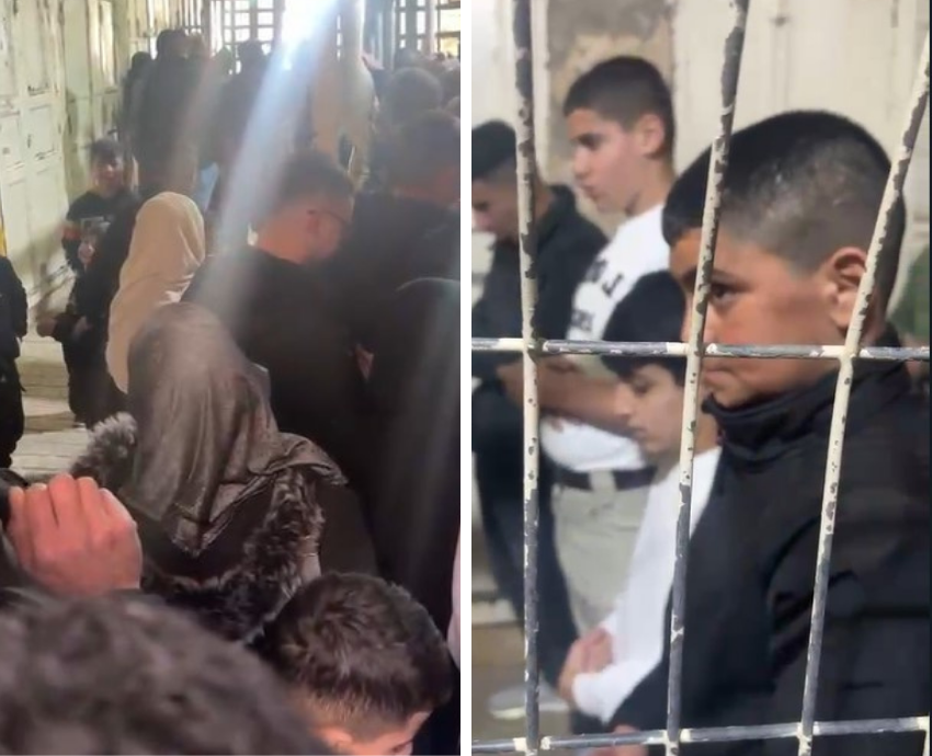 Palestinians waiting at a revolving security gate outside a mosque