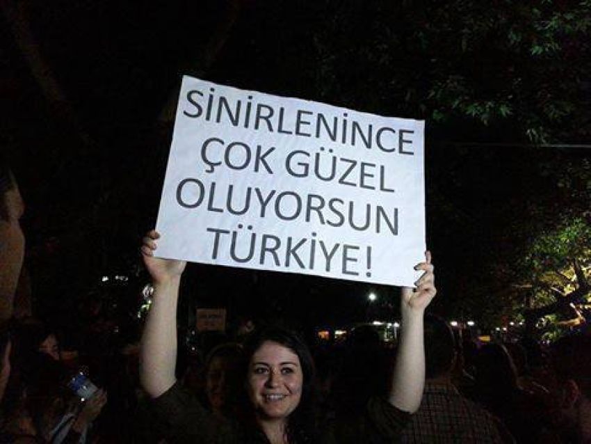 The placard reads: "Turkey, the more angry you get, the more beautiful you look."