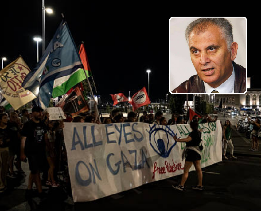 protesters with banner and inset headshot