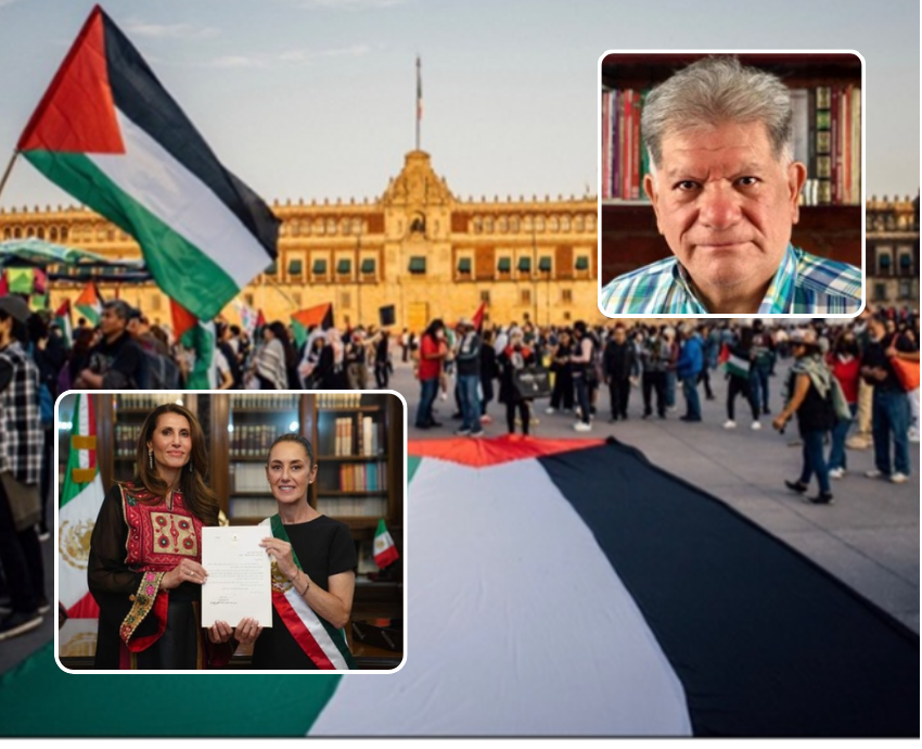 protesters with two inset pics. One is of the interviewee and the other is of Mexican president with the Palestinian representative