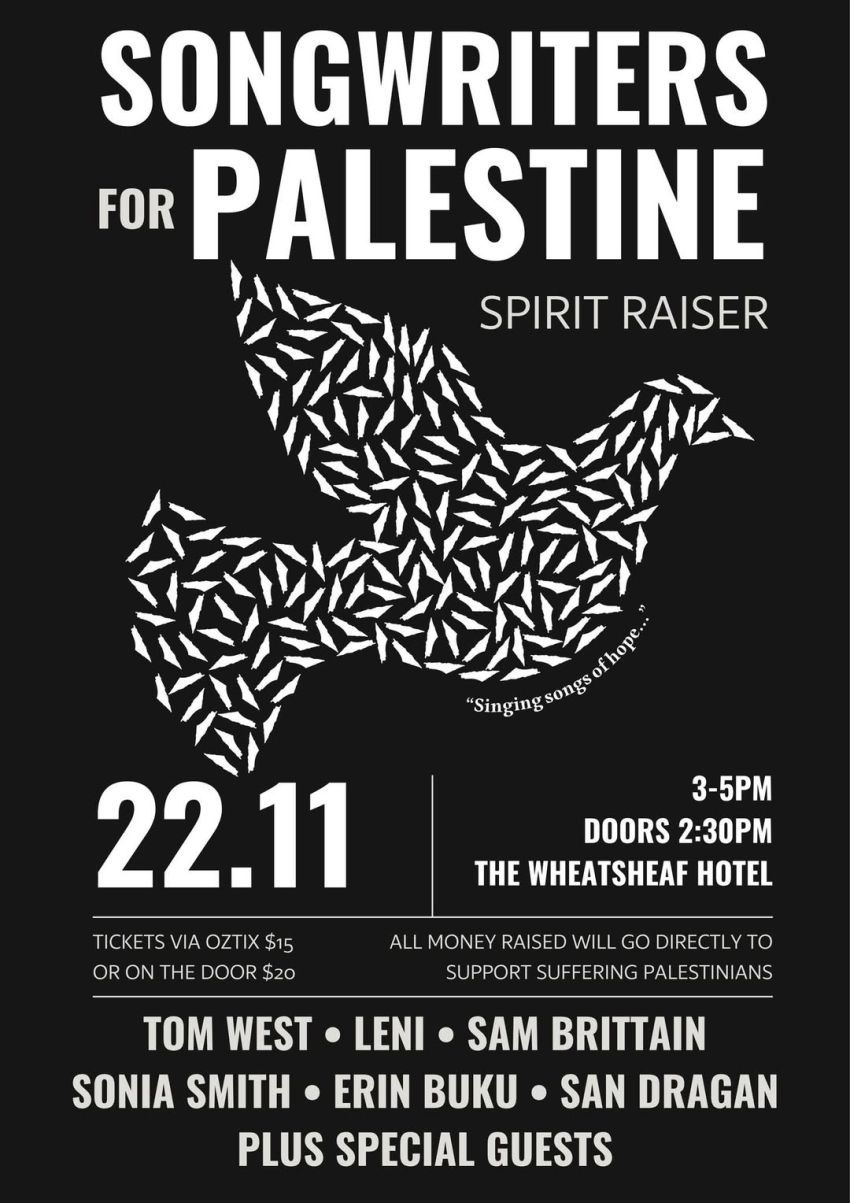 Poster for Songwriters for Palestine fundraising event at Wheatsheaf Hotel 22/11/2025