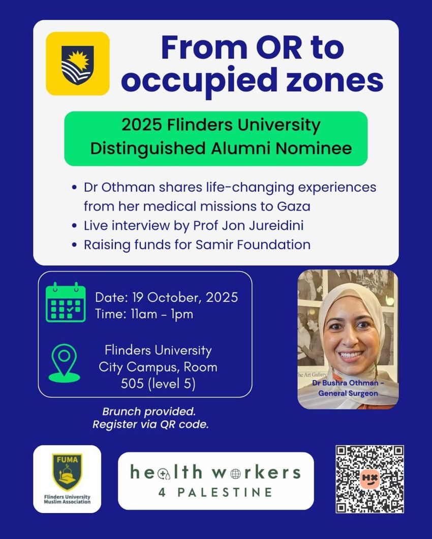 Poster for Dr Bushra Othman Flinders Uni Alumni Awards event 19/10/2025