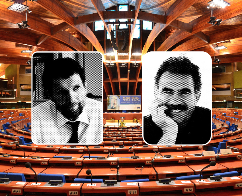 Council of Europe chamber with two inset photos of political prisoners