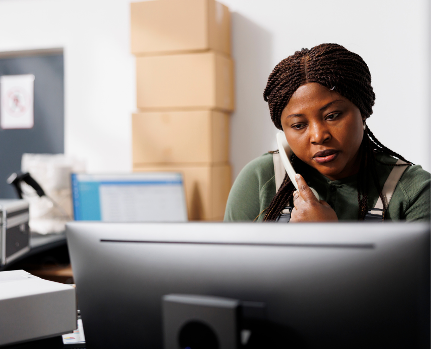African American woman worker speaking on the phone