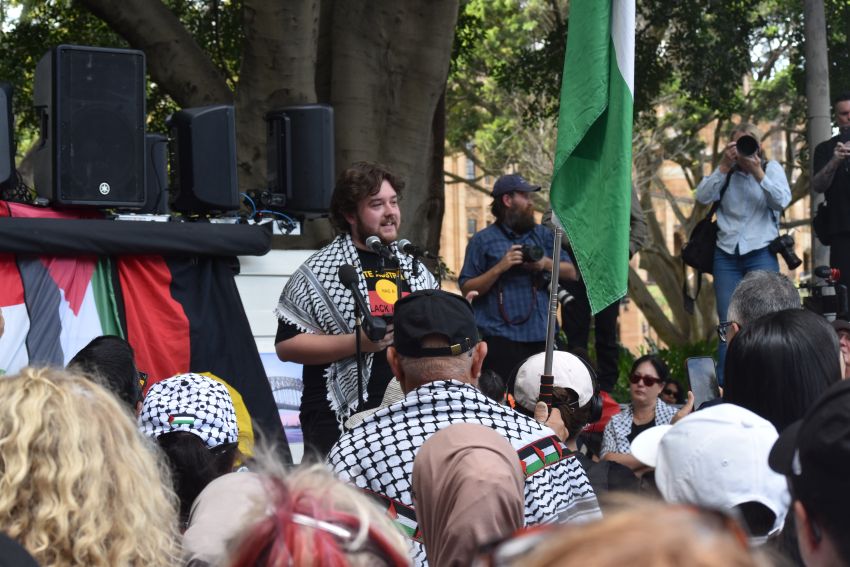 Ethan Floyd speaking at Palestine rally