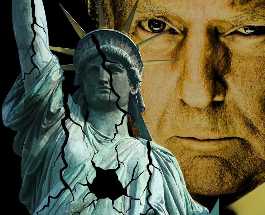 cracked statue of liberty and Trump lurking