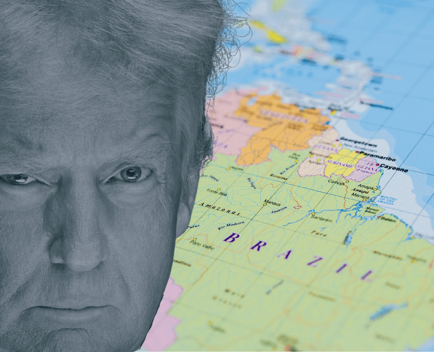 Trump's face with map of Latin America in the background