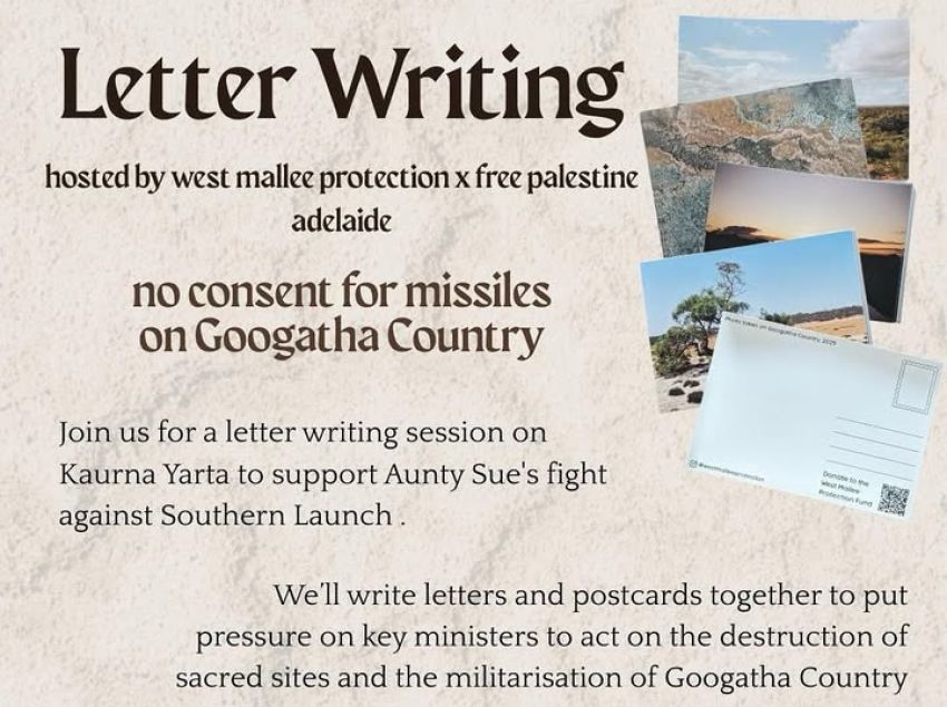 Banner sized graphic for No consent for missiles on Googatha Country letter writing event on 22/10/2025 at Rewind Studios.