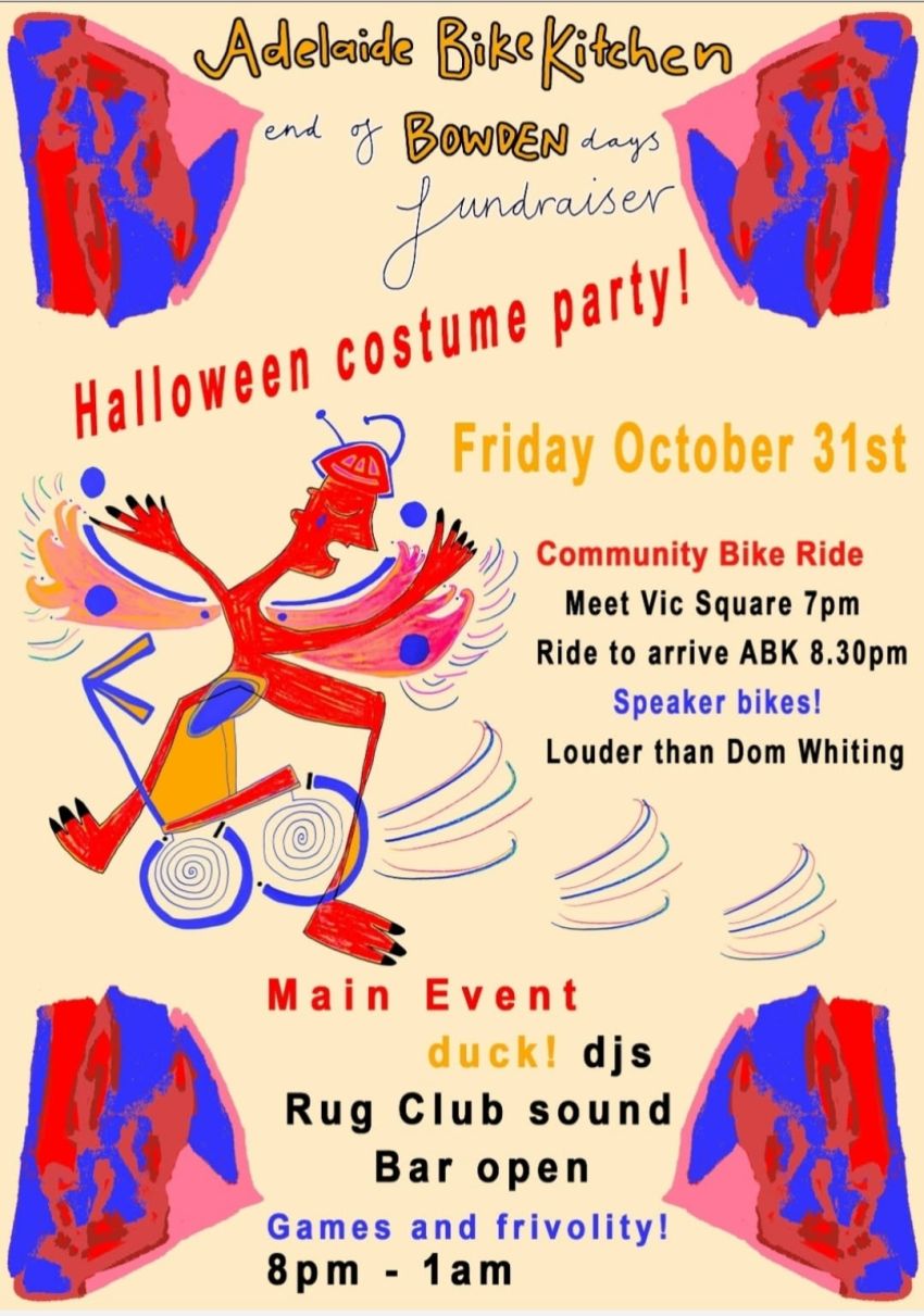 Poster for Adelaide Bike Kitchen's Halloween fundraising event on 31/10/2025