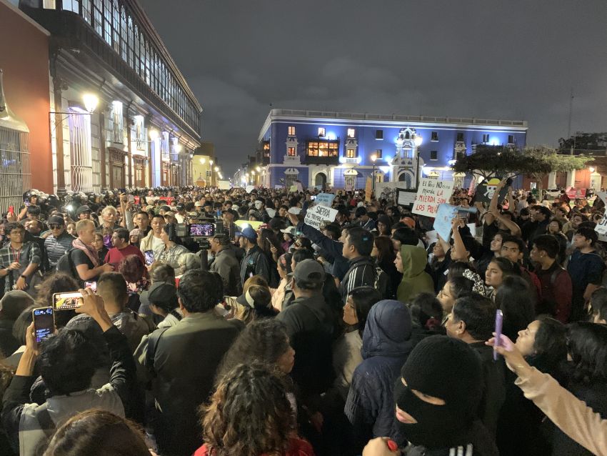 Protesters gather outside La Libertad government building in Peru